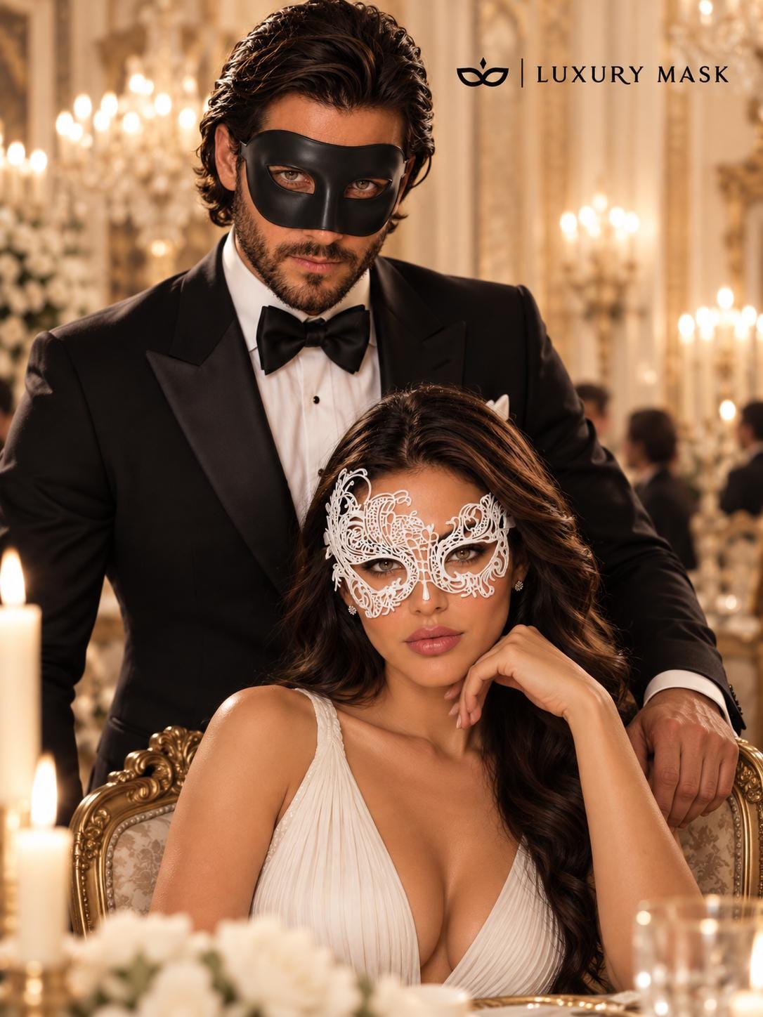 Black & White Couples Masquerade Mask Set | Classic Venetian Mask for Men and White Swan Lace Mask for Women - product image 5