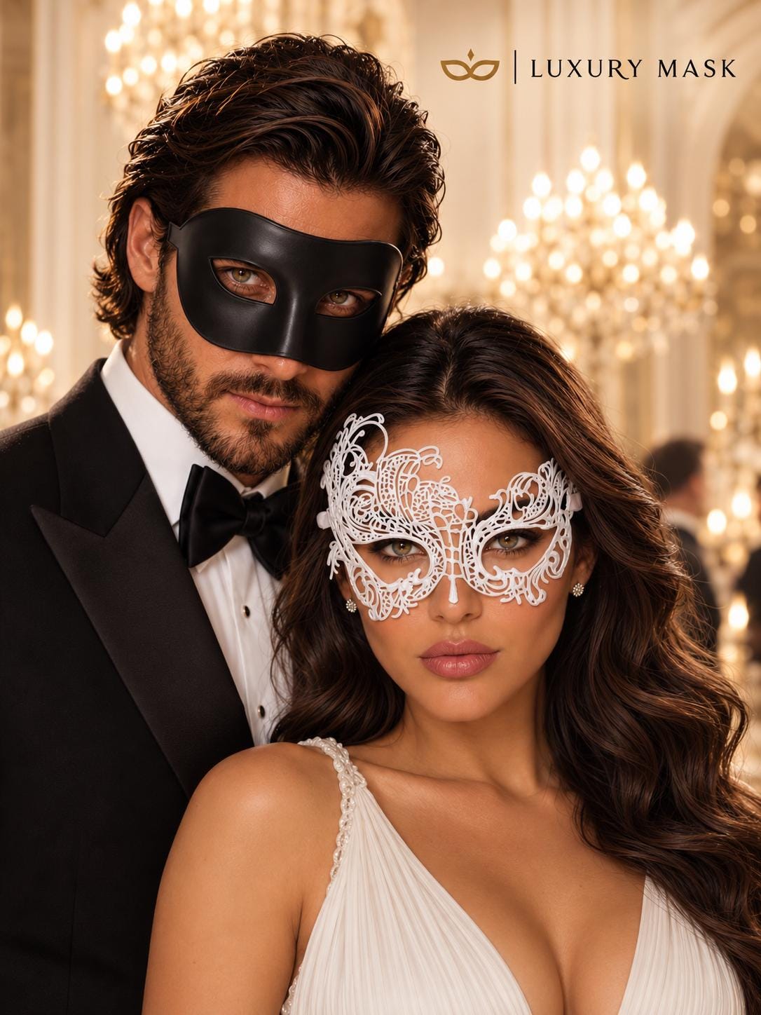 Black & White Couples Masquerade Mask Set | Classic Venetian Mask for Men and White Swan Lace Mask for Women - product image 2