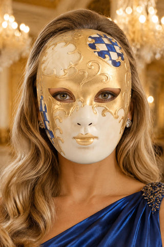 Blue Checkered Full-Face Masquerade Mask - Gold and White - view 2