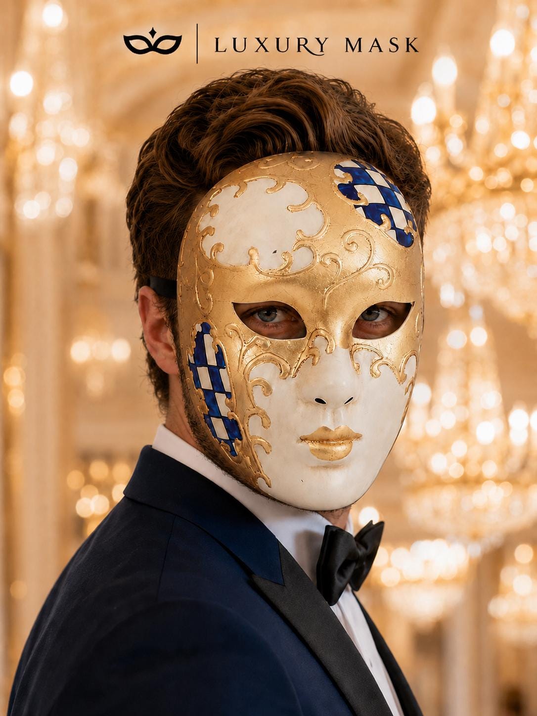 Blue Checkered Full-Face Masquerade Mask - Gold and White - view 5