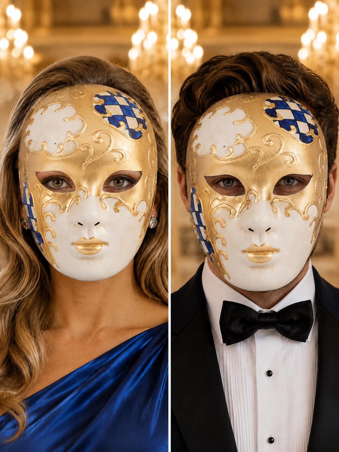 Blue Checkered Full-Face Masquerade Mask - Gold and White - front view