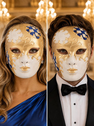 Blue Checkered Full-Face Masquerade Mask - Gold and White - front view