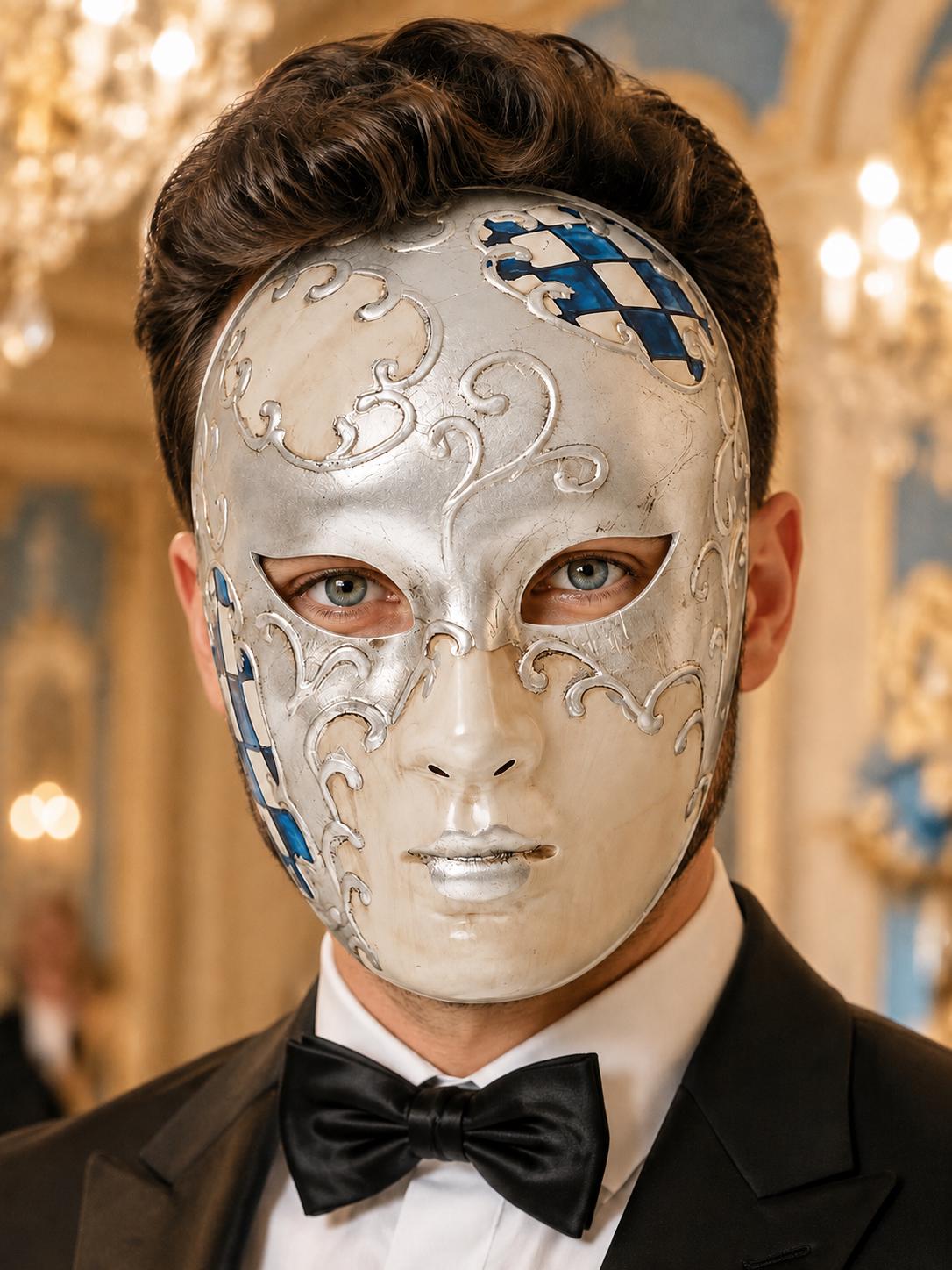 Blue Checkered Full-Face Masquerade Mask - Silver and White - view 3