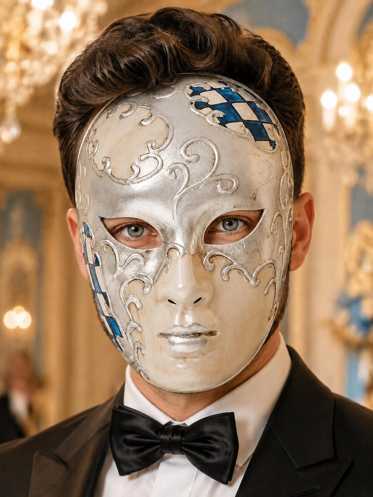 Blue Checkered Full-Face Masquerade Mask - Silver and White - view 3