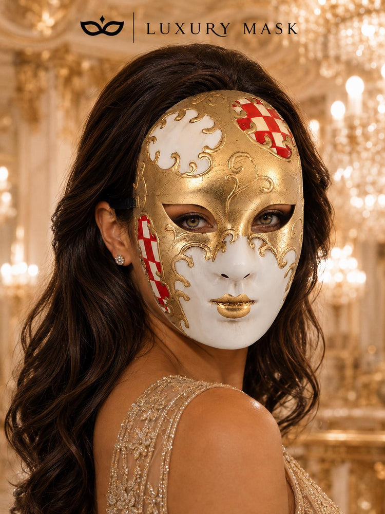 Red Checkered Full-Face Masquerade Mask - Gold and White - view 5