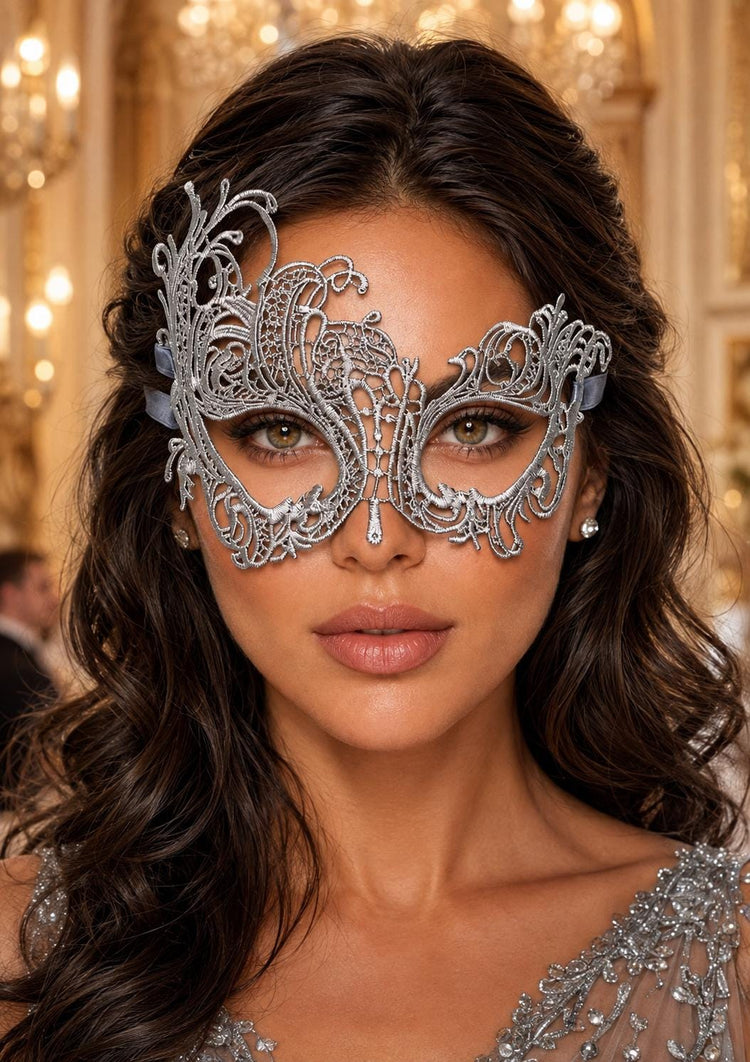 Silver Swan Lace Masquerade Mask for Women - front view
