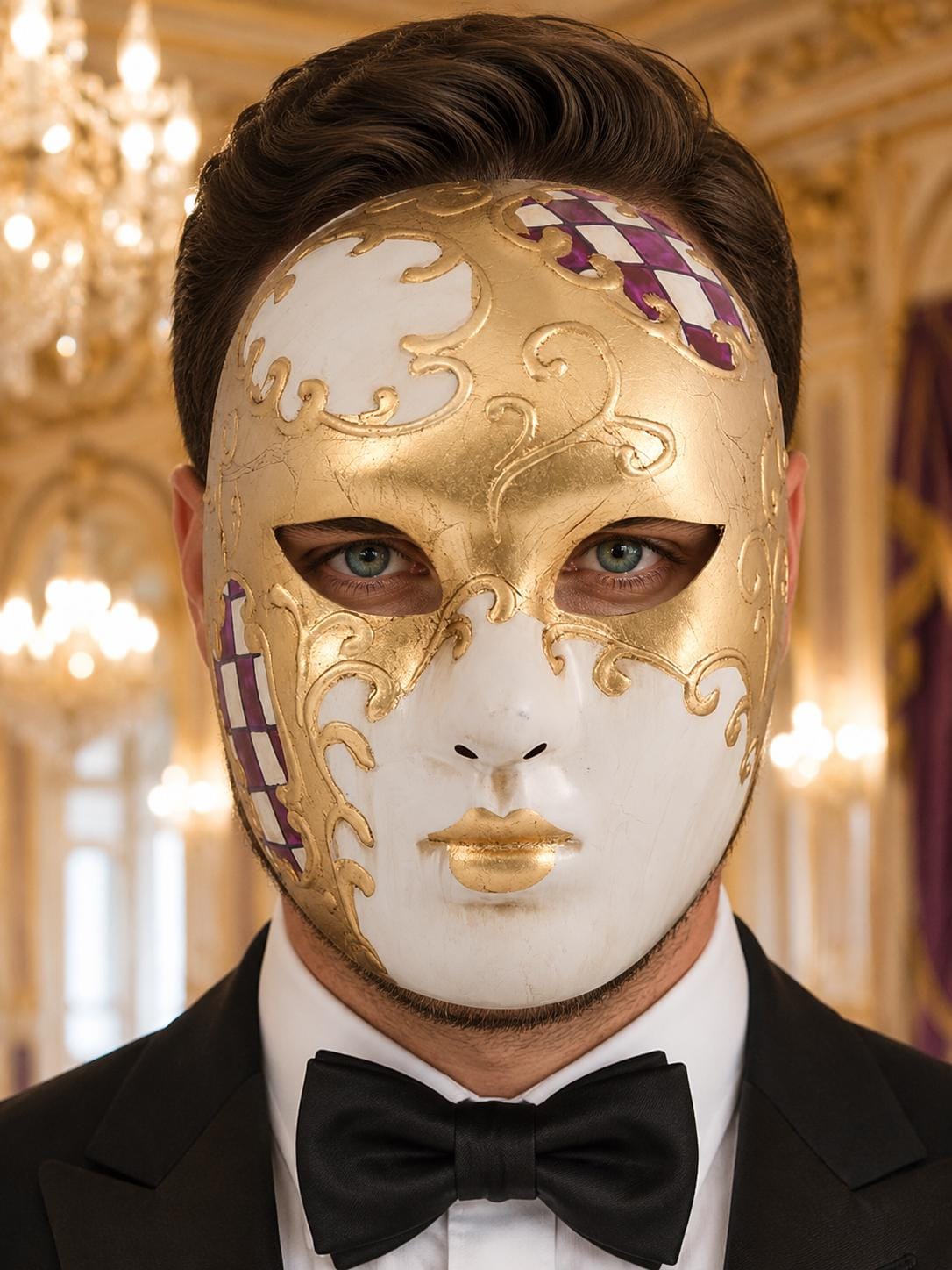 Purple Checkered Full-Face Masquerade Mask - Gold and White - view 3