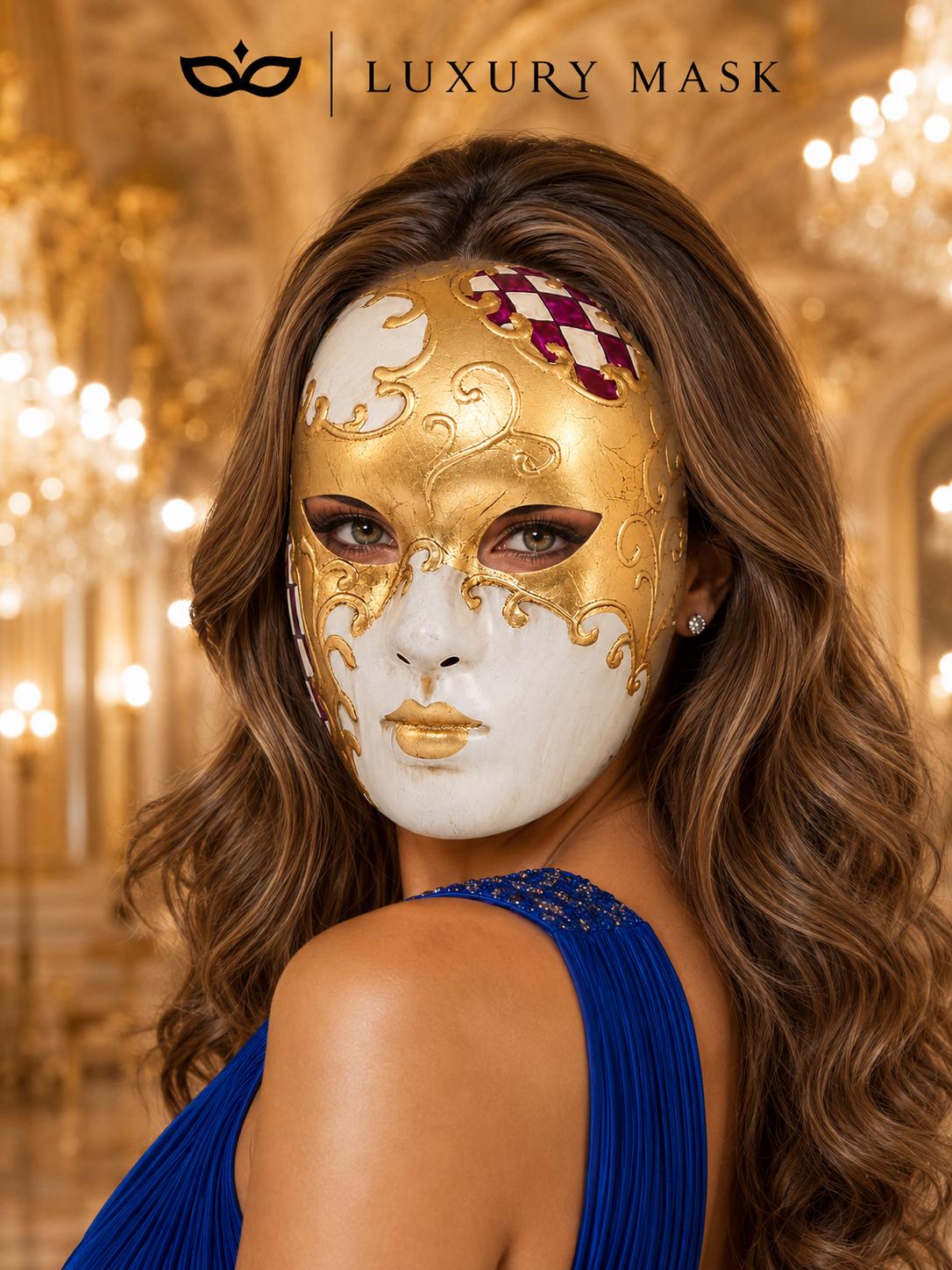 Purple Checkered Full-Face Masquerade Mask - Gold and White - view 4