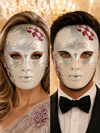 Purple Checkered Full-Face Masquerade Mask - Silver and White - front view