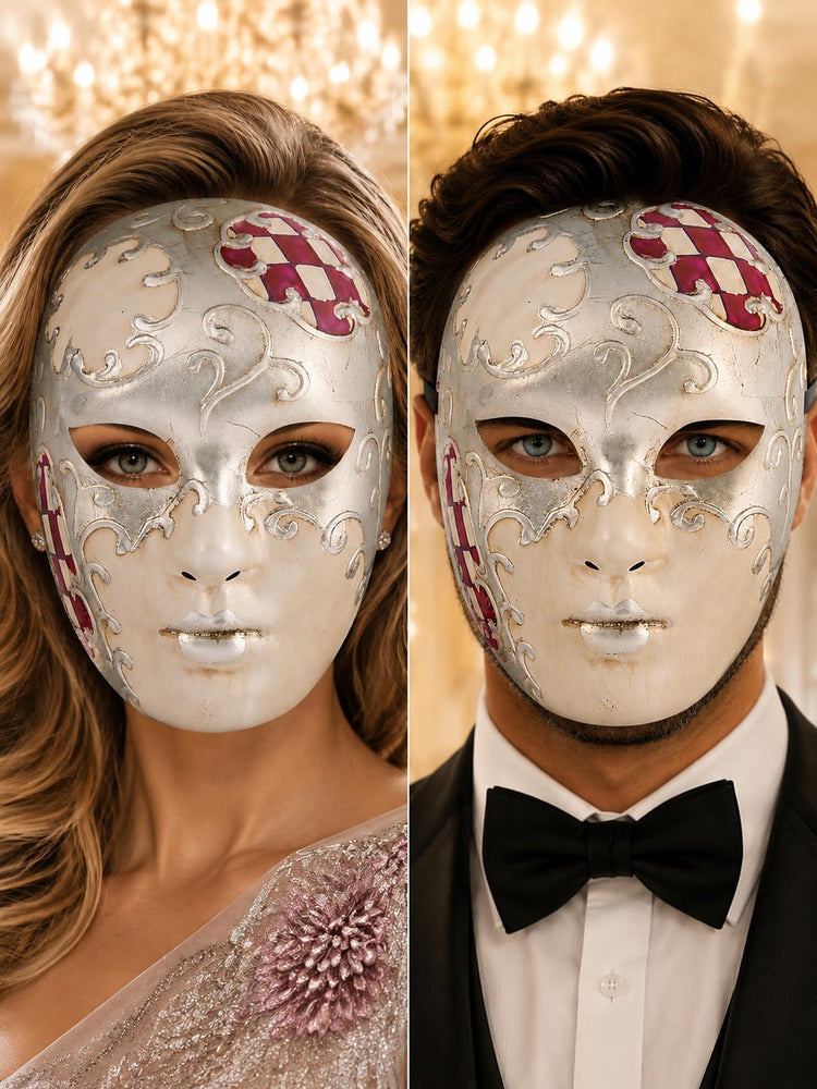 Purple Checkered Full-Face Masquerade Mask - Silver and White - front view