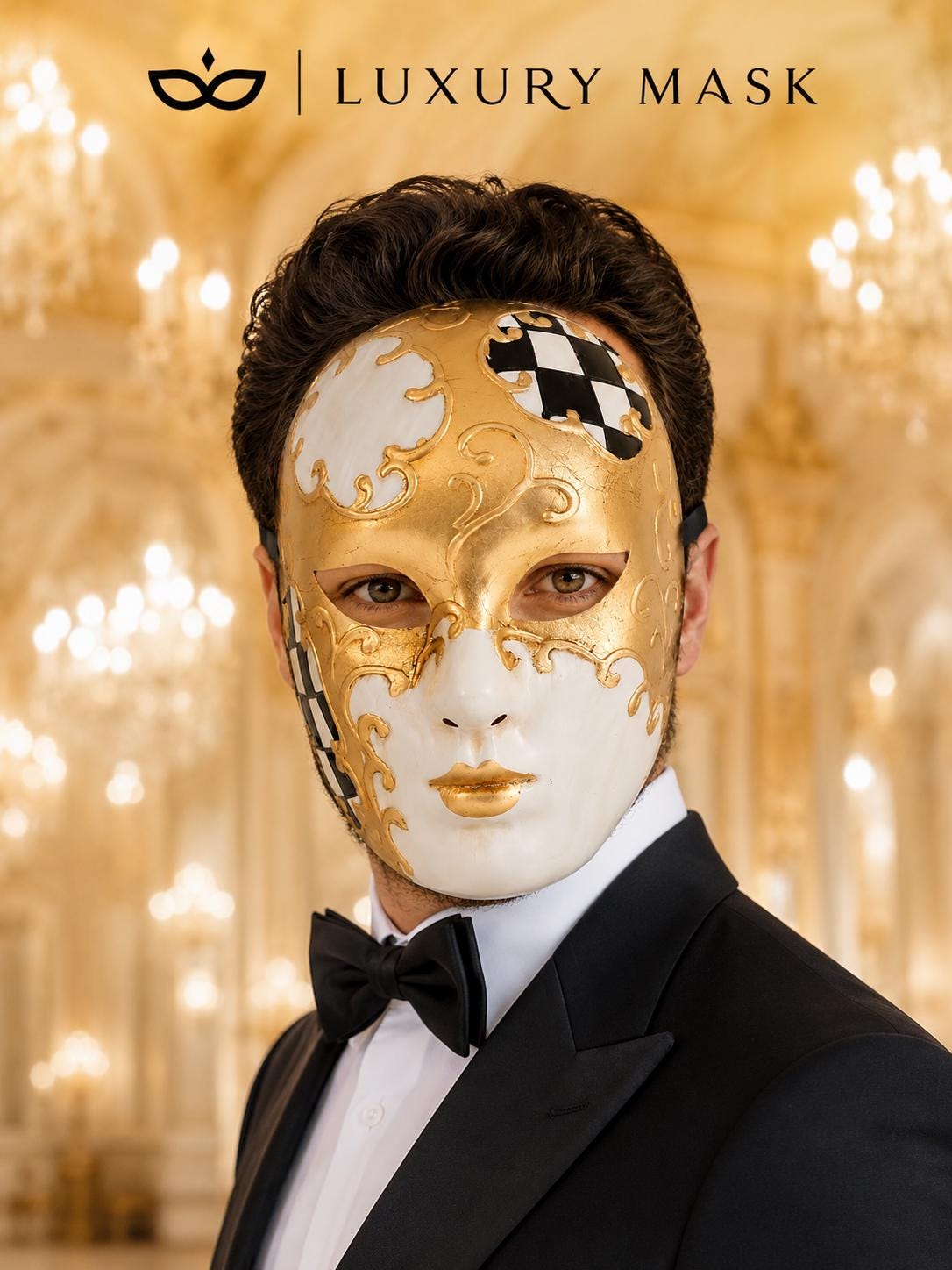 Black Checkered Full-Face Masquerade Mask - Gold and White - view 5
