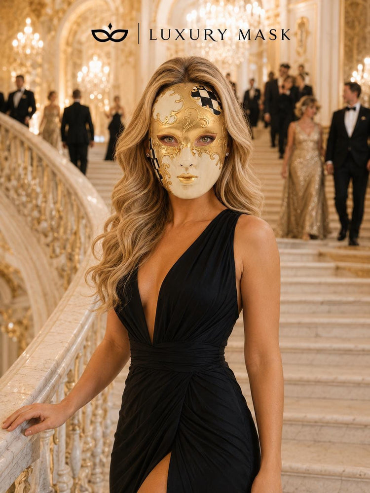Black Checkered Full-Face Masquerade Mask - Gold and White - view 6