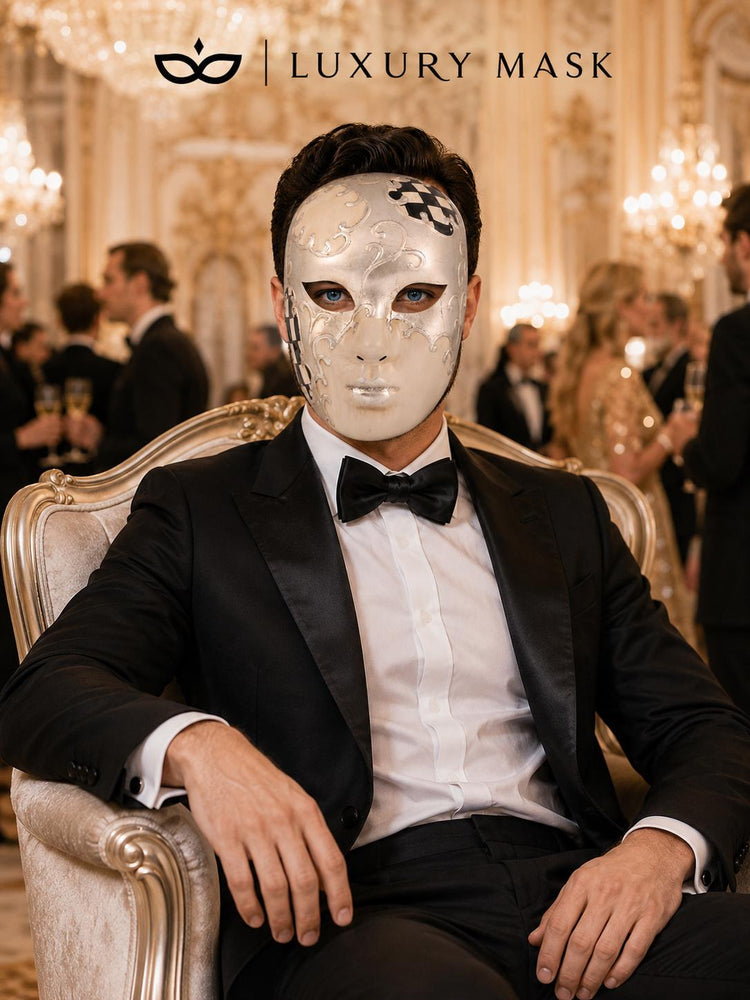 Black Checkered Full-Face Masquerade Mask - Silver and White - view 7