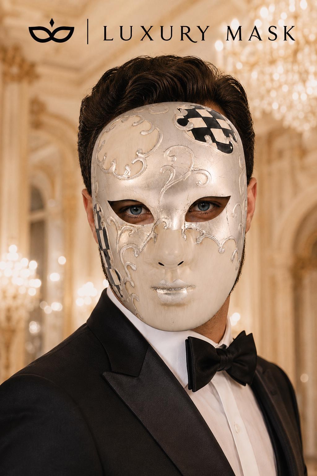Black Checkered Full-Face Masquerade Mask - Silver and White - view 5