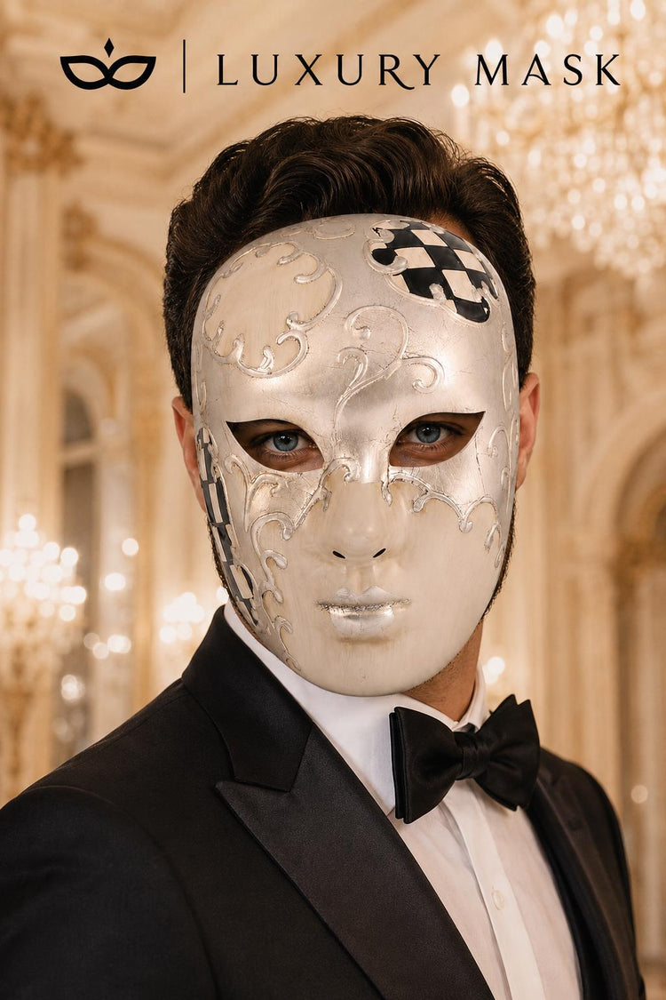 Black Checkered Full-Face Masquerade Mask - Silver and White - view 5