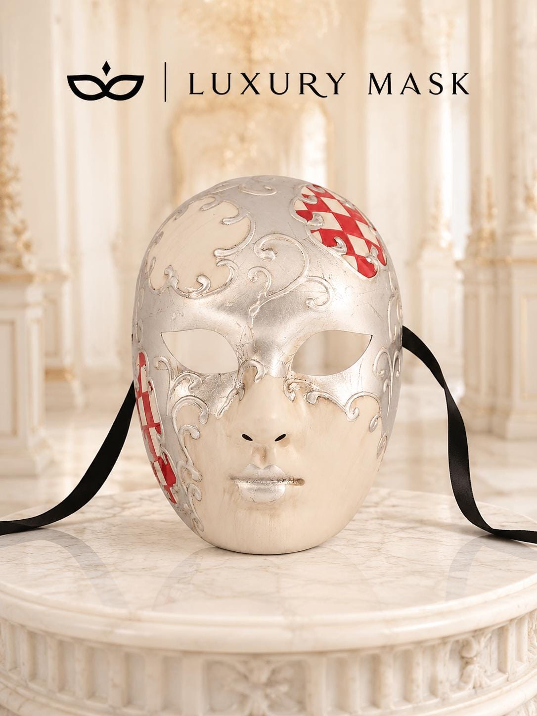 Red Checkered Full-Face Masquerade Mask - Silver and White - view 8