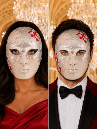 Red Checkered Full-Face Masquerade Mask - Silver and White - front view