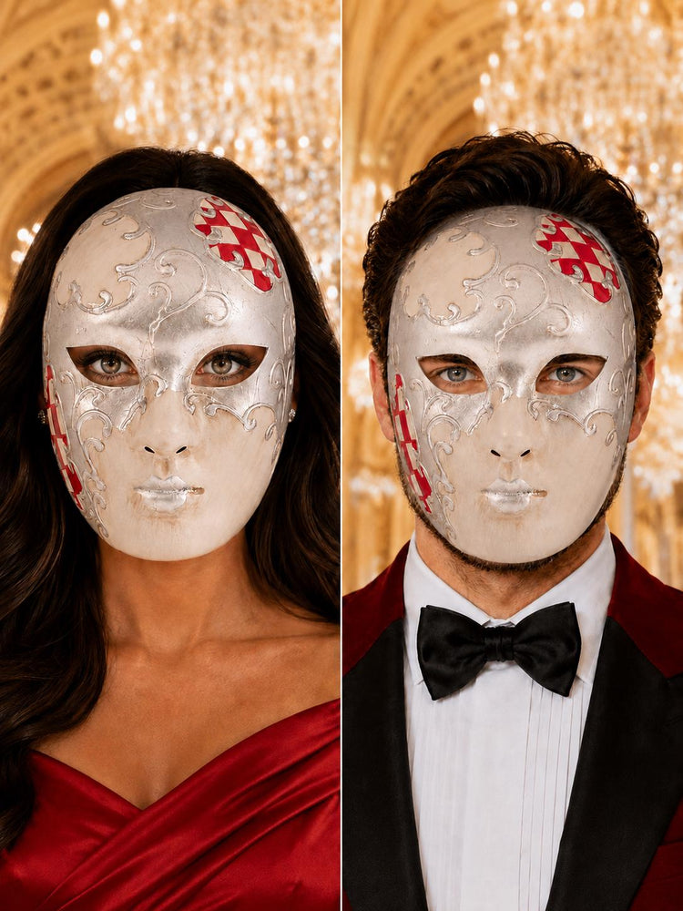 Red Checkered Full-Face Masquerade Mask - Silver and White - front view