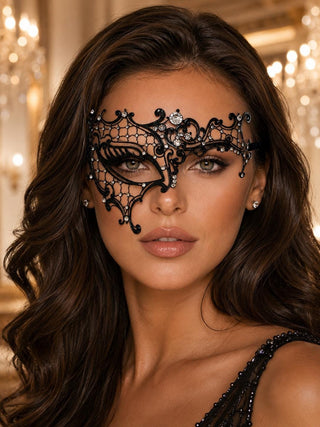 Black Phantom Masquerade Mask for Women with Clear Rhinestones - front view