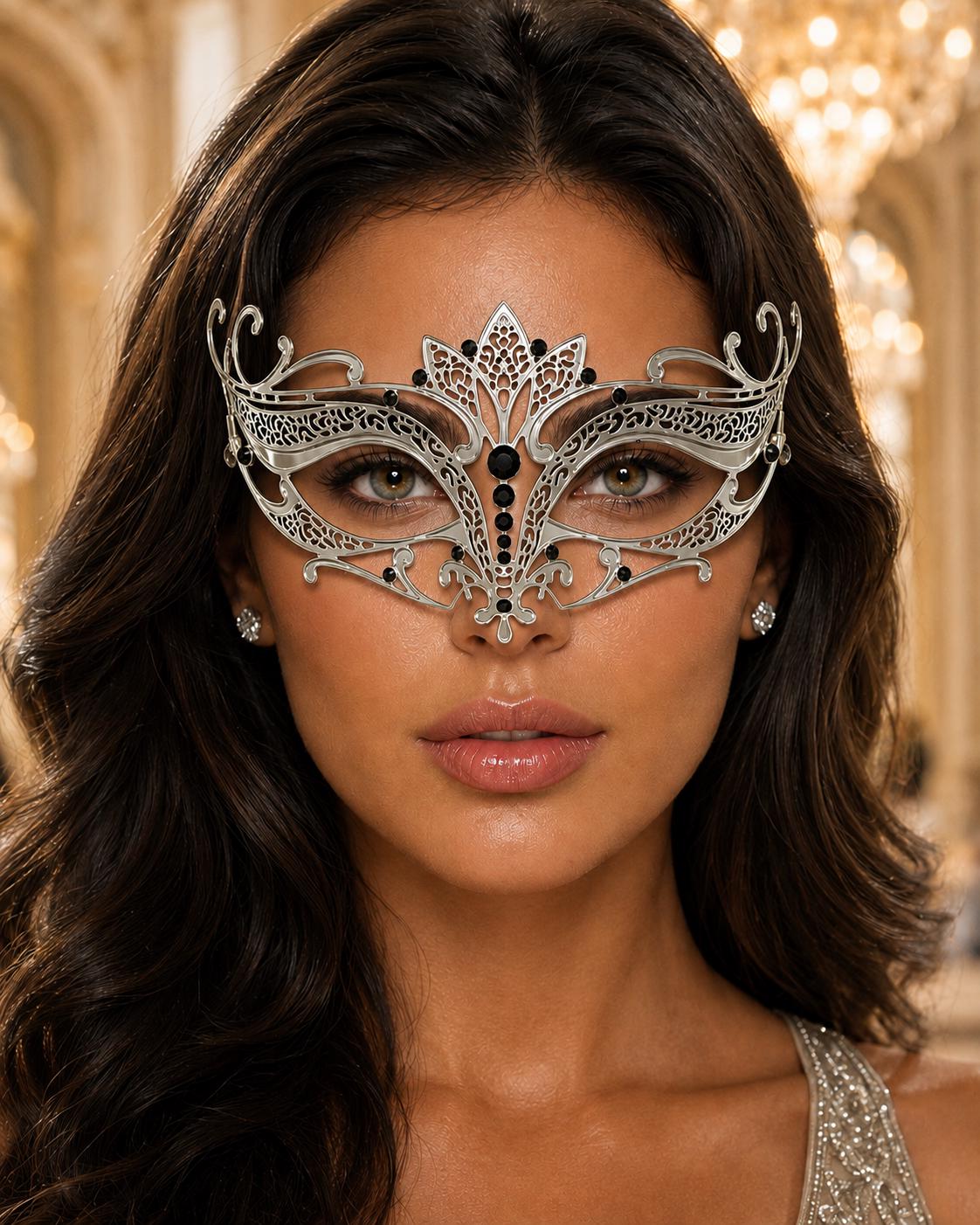 Silver Tiara Masquerade Mask for Women with Black Rhinestones - front view