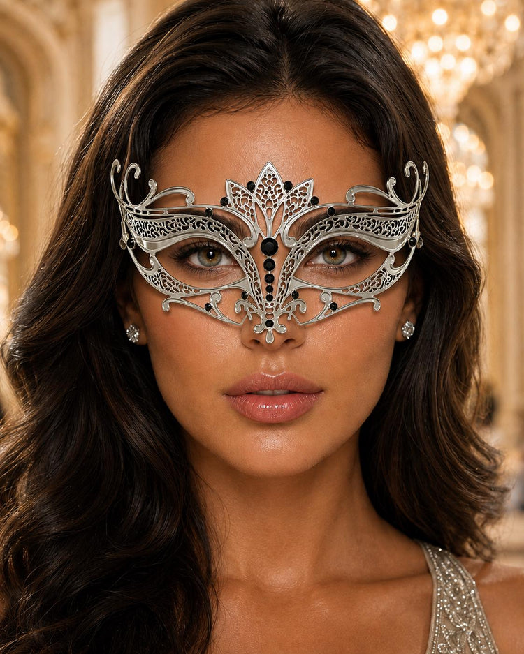 Silver Tiara Masquerade Mask for Women with Black Rhinestones - front view