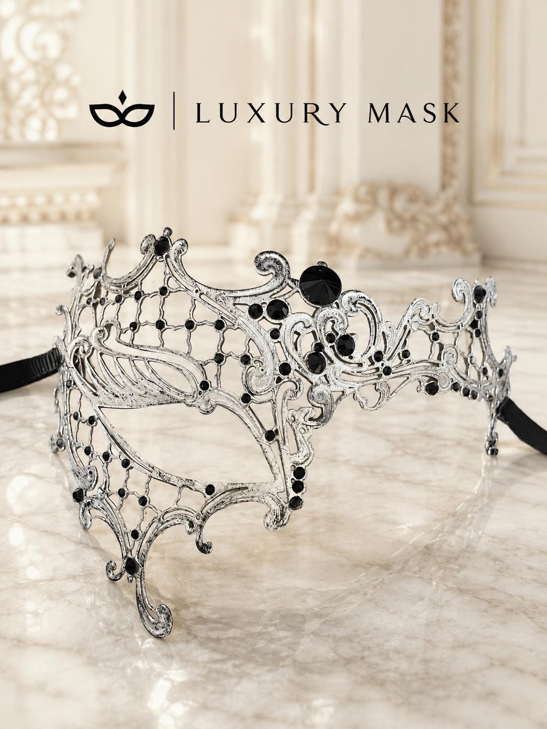 Antique Silver Phantom Masquerade Mask for Women with Black Stones - view 5