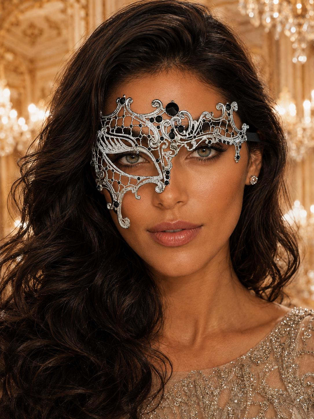 Antique Silver Phantom Masquerade Mask for Women with Black Stones - front view