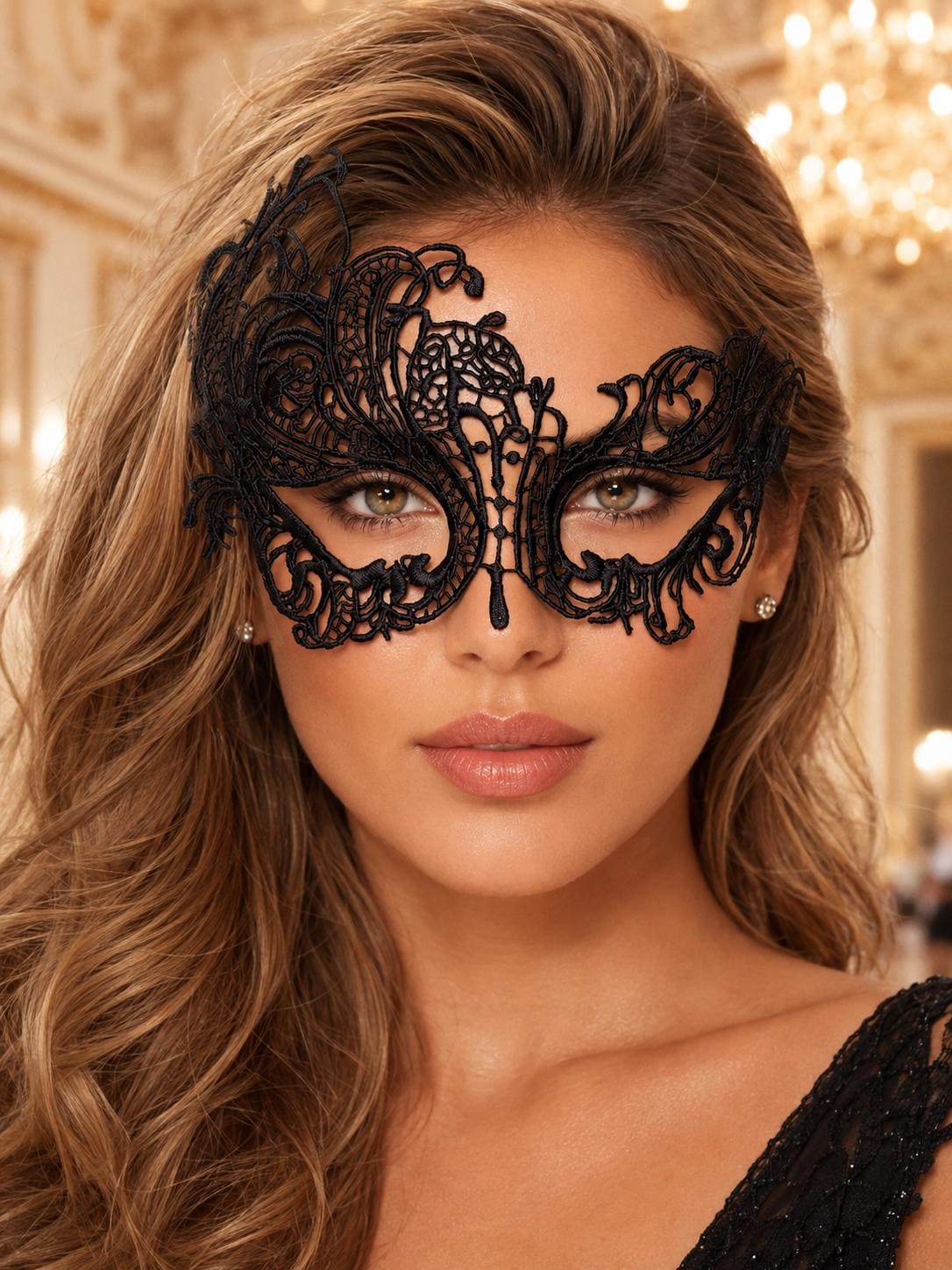 Black Swan Lace Masquerade Mask for Women - front view
