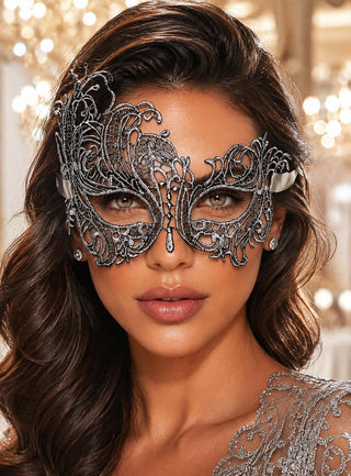 Silver Chrome Swan Lace Masquerade Mask for Women - front view
