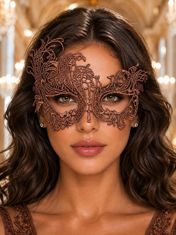 Mocha Brown Swan Lace Masquerade Mask for Women - front view