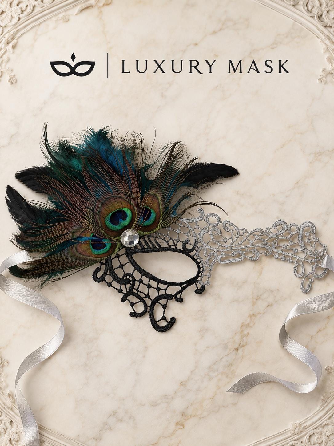 Silver and Black Phantom Feather Masquerade Mask for Women - view 5