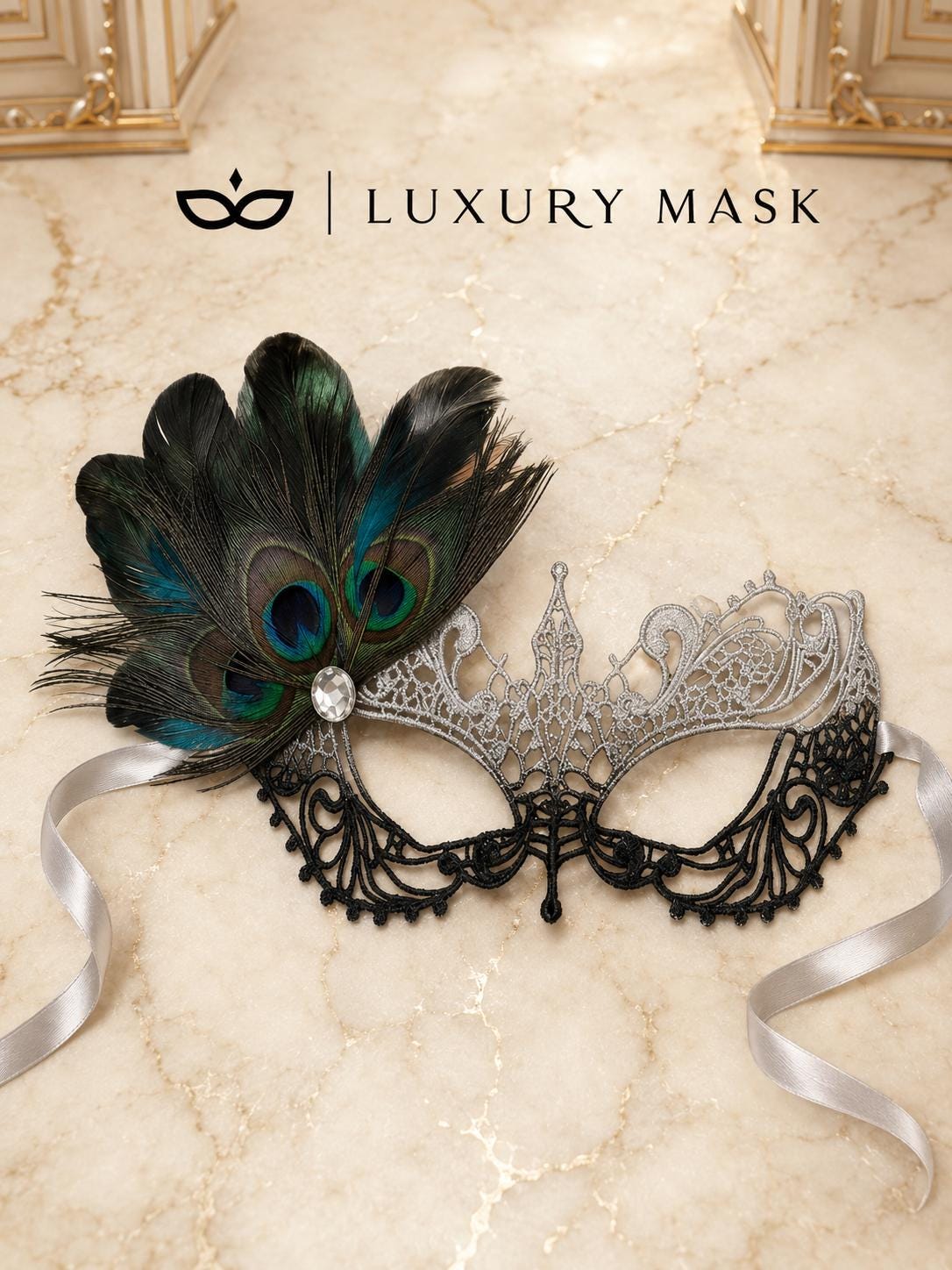 Silver and Black Peacock Feather Masquerade Mask for Women - view 6