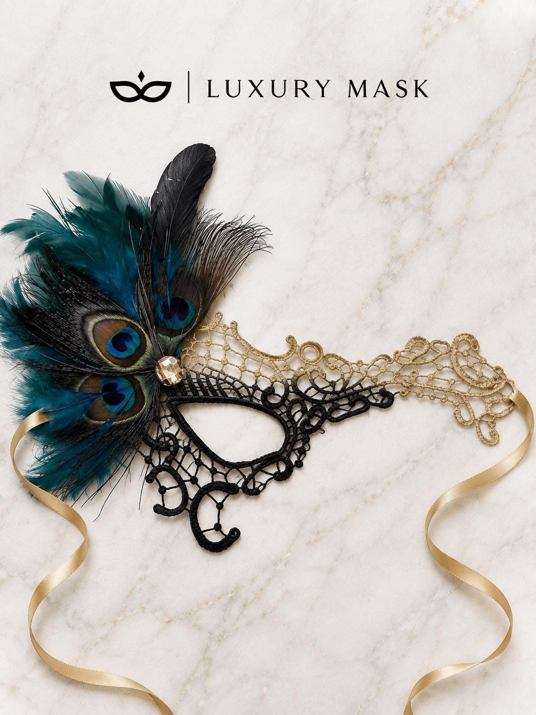 Gold and Black Phantom Masquerade Mask for Women with Feathers - view 5