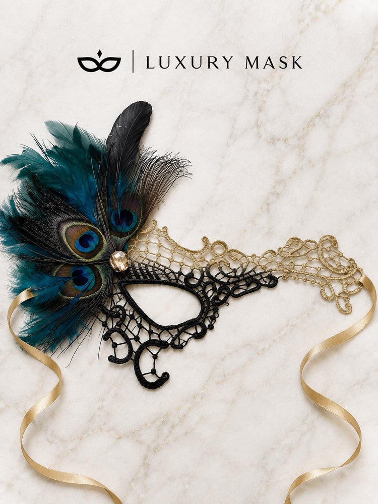 Gold and Black Phantom Masquerade Mask for Women with Feathers - view 5