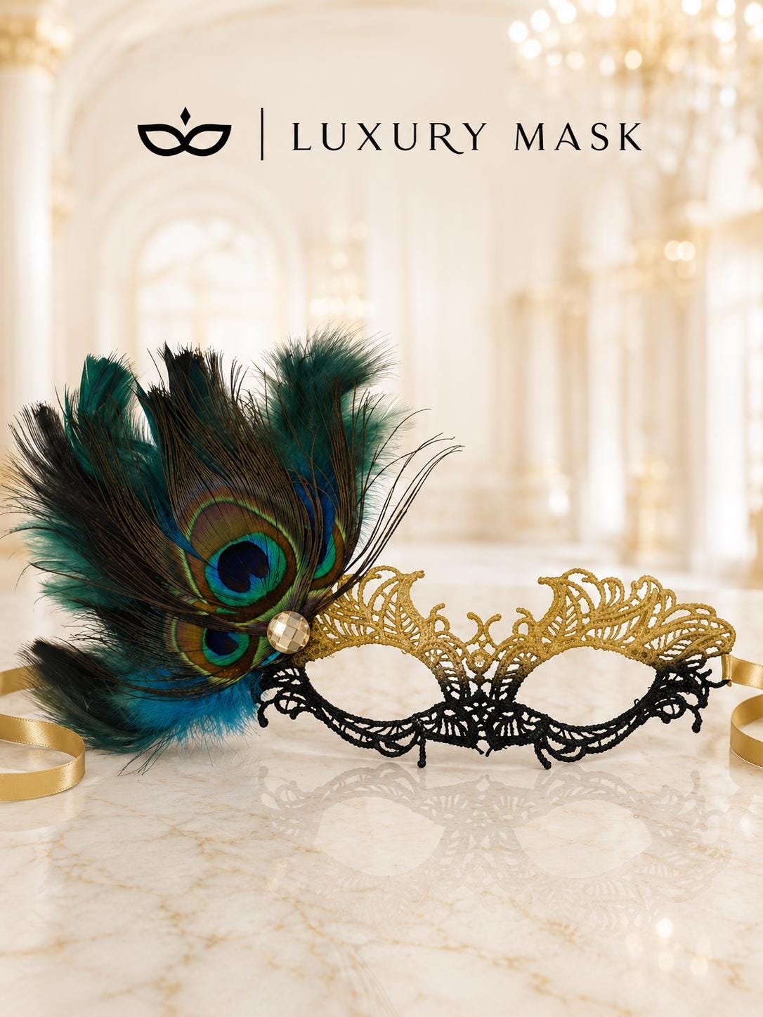 Gold and Black Peacock Feather Masquerade Mask for Women - view 6