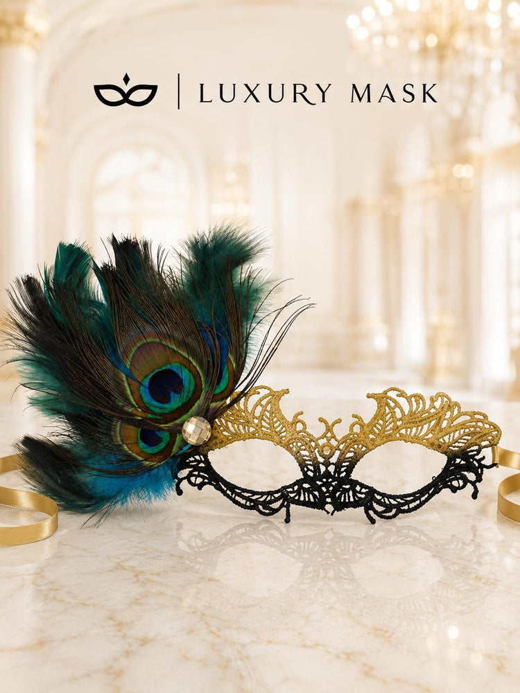 Gold and Black Peacock Feather Masquerade Mask for Women - view 6