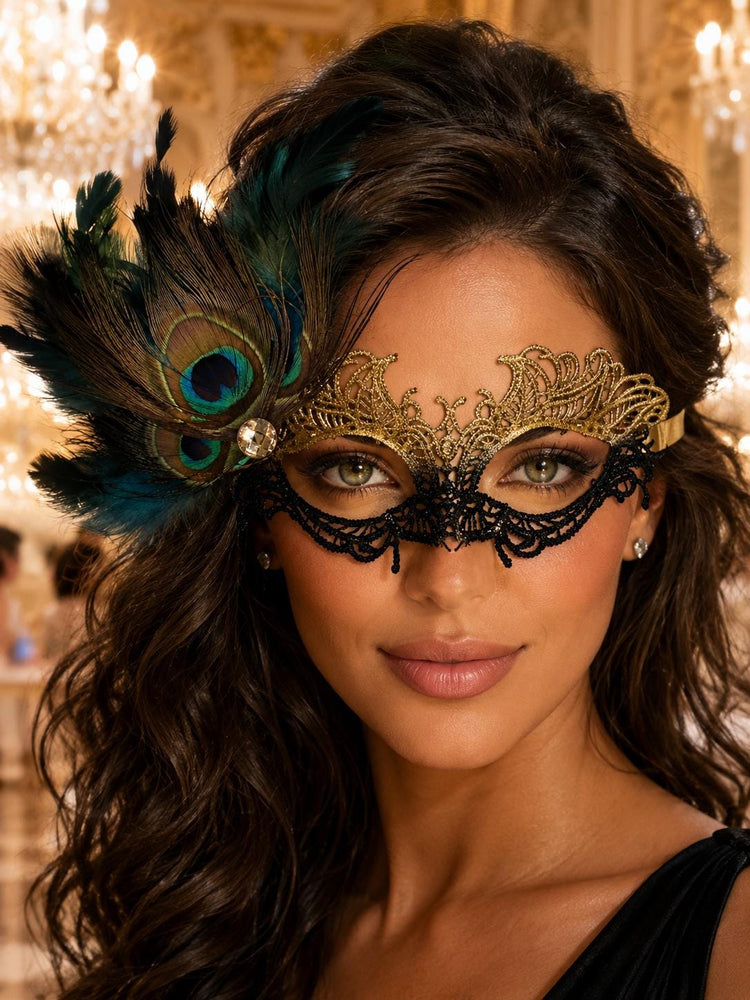 Gold and Black Peacock Feather Masquerade Mask for Women - front view