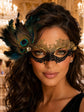 Gold and Black Peacock Feather Masquerade Mask for Women - front view