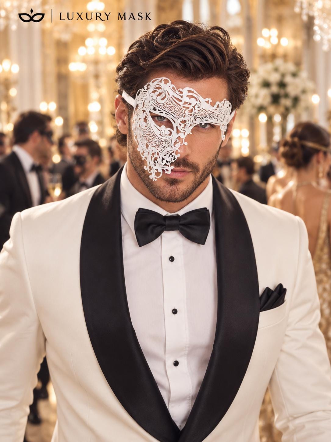White Phantom Masquerade Mask for Men with Rhinestones - view 3