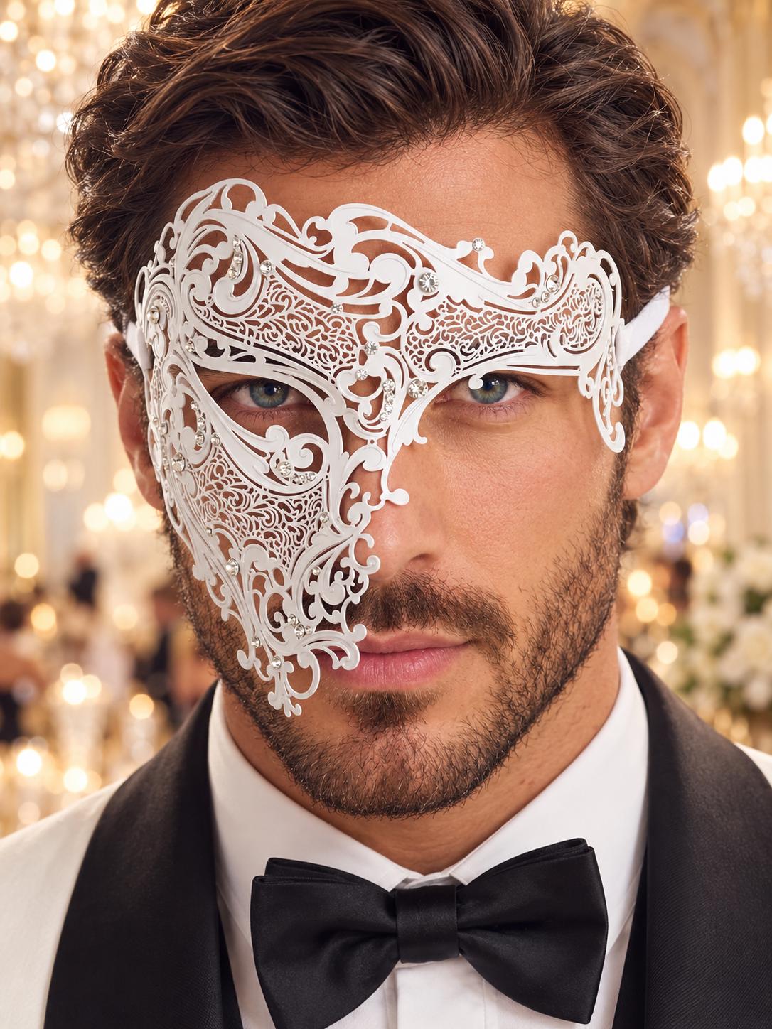 White Phantom Masquerade Mask for Men with Rhinestones - front view