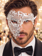 White Phantom Masquerade Mask for Men with Rhinestones - front view