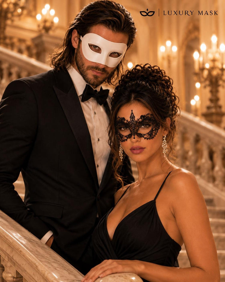 White and Black Couples Masquerade Mask Set - Lace and Venetian - view 5
