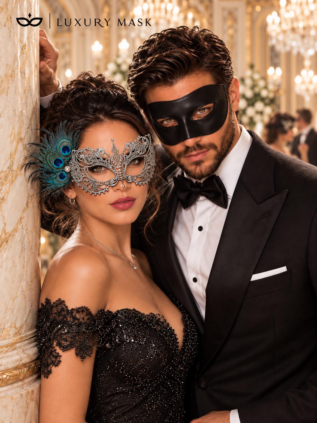 Black Venetian Mask for Him & Silver Peacock Feather Lace Mask for Her | Elegant Couples Masquerade Set - product image 5