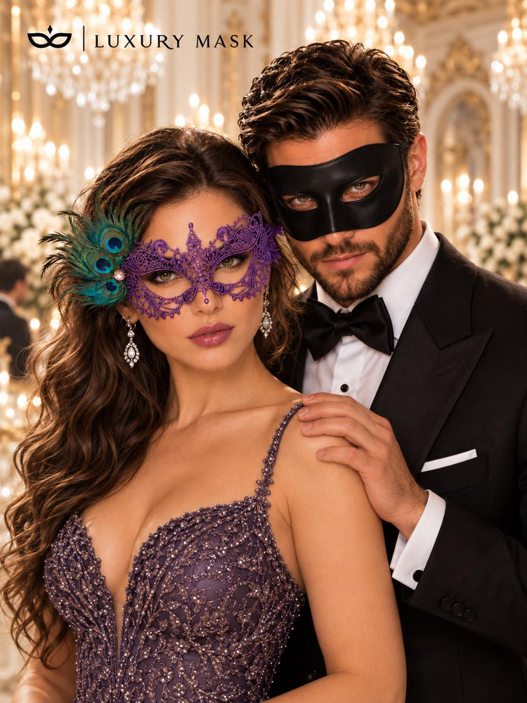 Black & Purple Masquerade Pair | Classic Venetian Mask for Men with Purple Peacock Feather Lace Mask for Women - product image 2