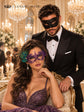 Black & Purple Masquerade Pair | Classic Venetian Mask for Men with Purple Peacock Feather Lace Mask for Women - product image 4