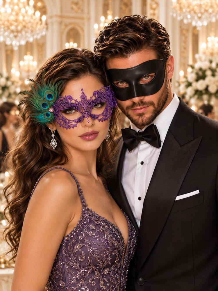 Black & Purple Masquerade Pair | Classic Venetian Mask for Men with Purple Peacock Feather Lace Mask for Women - product image 1