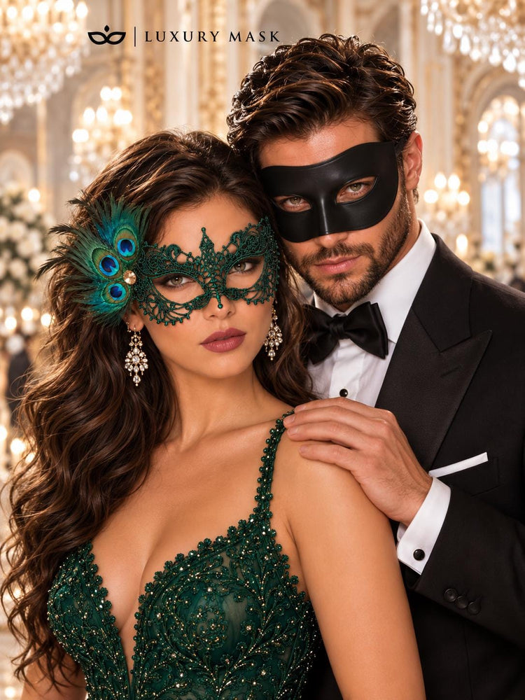 Black Venetian Mask for Men Paired with Green Peacock Feather Lace Mask for Women | Masquerade Couple Masks - product image 2