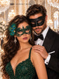 Black Venetian Mask for Men Paired with Green Peacock Feather Lace Mask for Women | Masquerade Couple Masks - product image 2