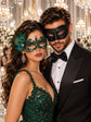 Black Venetian Mask for Men Paired with Green Peacock Feather Lace Mask for Women | Masquerade Couple Masks - product image 1