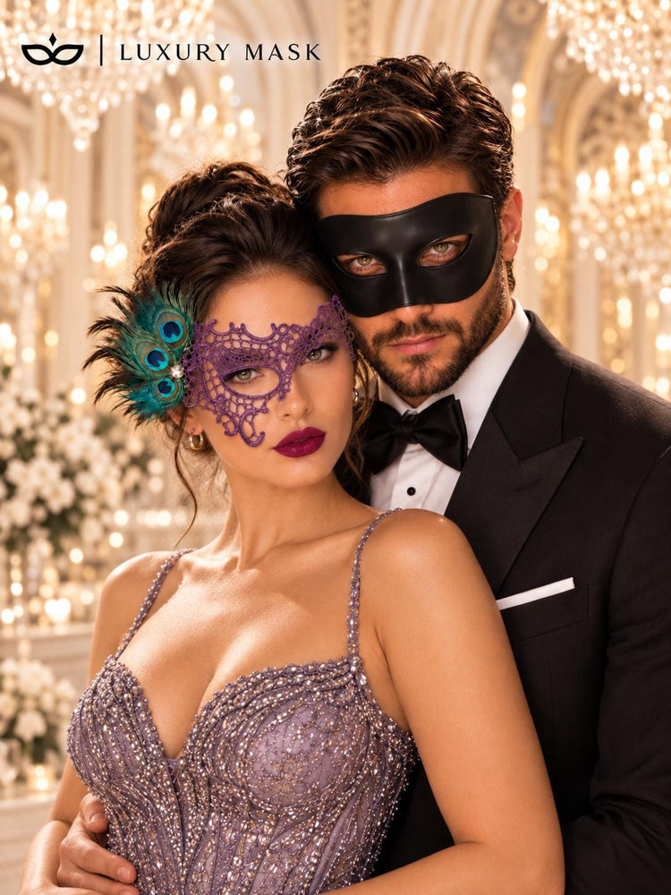 Black & Purple Masquerade Masks for Couples | Classic Venetian Men&